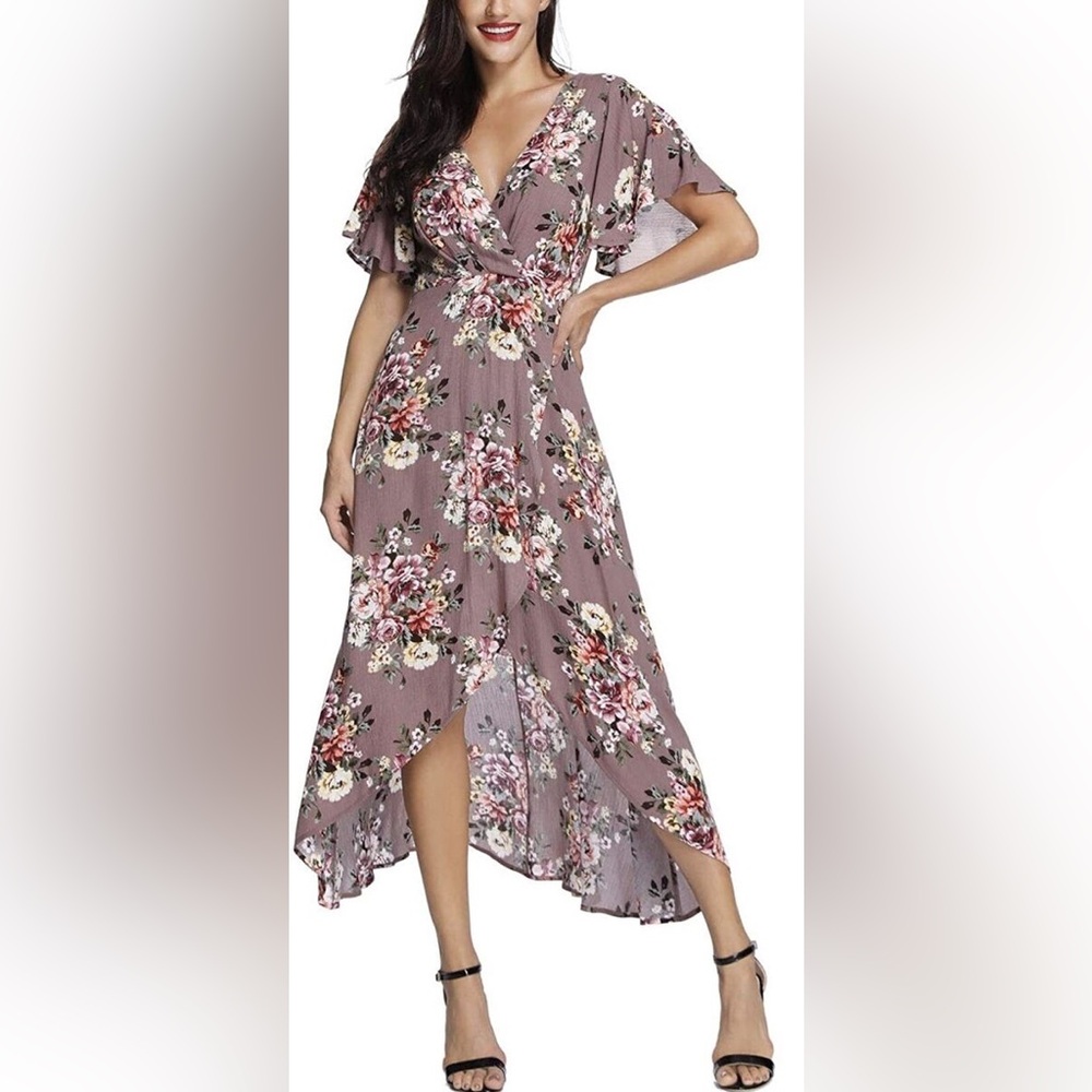 Floral V-Neck High-Low Maxi Dress - Mauve
